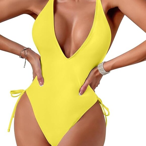 SUNSHINE YELLOW STRAPPY BACK HIGH-CUT CHEEKY ONE PIECE SWIMSUIT SIZE LARGE NWOT - Picture 5 of 13